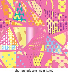 Geometric modern seamless pattern with orange, yellow, pink, blue, white, lilac shapes arranged in a random order. Vector illustration.