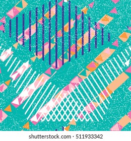 Geometric modern seamless pattern with pink, lilac, red, white and yellow shapes arranged in a random order on a turquoise background. Vector illustration.