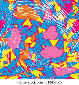 Geometric modern seamless pattern with pink, orange, white, red, yellow and blue shapes arranged in a random order on a black background. Vector illustration.