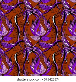 Geometric modern seamless pattern with pink, red, black and lilac shapes arranged in a random order on a dark purple background. Vector illustration.