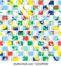 Geometric modern seamless pattern with red, green, white, yellow, blue shapes arranged in a random order. Vector illustration.