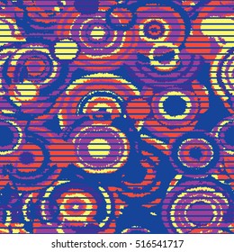 Geometric modern seamless pattern with red, yellow, blue shapes arranged in a random order on a blue background. Vector illustration.
