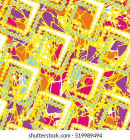Geometric modern seamless pattern with red, white, orange, yellow, lilac and blue shapes arranged in a random order. Vector illustration.
