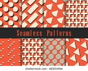 Geometric modern seamless pattern set. Triangles, stars, rectangle with a shadow. Vector illustration