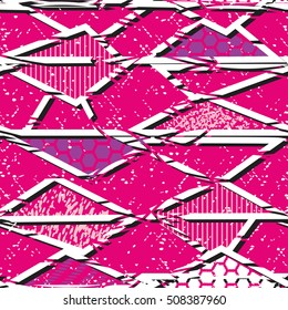 Geometric modern seamless pattern with white, pink, lilac shapes and triangles arranged in a random order on a red background. Vector illustration.