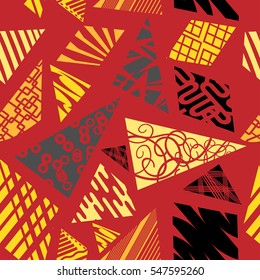 Geometric modern seamless pattern with yellow, gray and black shapes arranged in a random order on a red background. Vector illustration.
