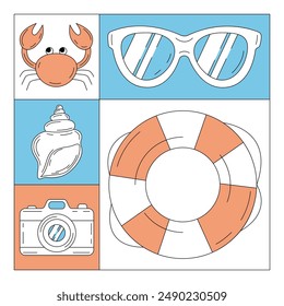 Geometric modern square card with simple minimalist summer beach, nautical icons. Trendy vector background, geometry. Abstract layout for poster, flyer, cover, brochure, party, invitation, banner