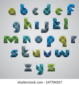 Geometric modern style digital letters alphabet made with rhombuses, vector font. Web buttons style. 