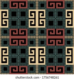 Geometric modern vector seamless pattern. Abstract tribal ethnic background. Repeat colorful plaid backdrop. Ancient style ornaments. Greek square frames, lines, mazes, shapes. Greek key meanders.