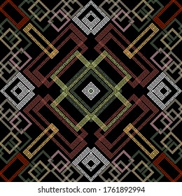 Geometric modern vector seamless pattern. Abstract tribal ethnic style background. Repeat colorful backdrop. Geometrical ornaments. Greek frames, lines, mazes, shapes., rhombus. Greek key meanders.