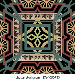Geometric modern vector seamless pattern. Abstract tribal ethnic style background. Repeat colorful backdrop. Geometrical ornaments. Greek square frames, lines, mazes, shapes. Greek key meanders.