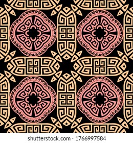 Geometric modern vector seamless pattern. Abstract tribal ethnic style background. Repeat colorful backdrop.  Greek frames, lines, mazes, shapes. Greek key meanders geometrical elegant ornaments.