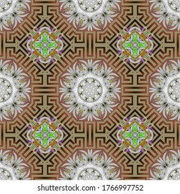 Geometric modern vector seamless pattern. Abstract tribal ethnic background. Repeat colorful floral backdrop.  Greek frames, flowers, lines, mazes, shapes. Greek key meanders elegant ornate ornaments.