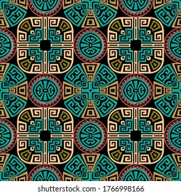 Geometric modern vector seamless pattern. Abstract tribal ethnic style background. Repeat colorful backdrop.  Greek frames, lines, mazes, shapes. Greek key meanders geometrical elegant ornaments.