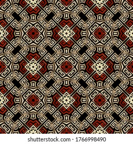 Geometric modern vector seamless pattern. Abstract tribal ethnic style background. Repeat colorful backdrop.  Greek frames, lines, mazes, shapes. Greek key meanders geometrical elegant ornaments.