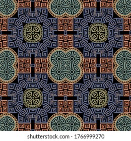 Geometric modern vector seamless pattern. Abstract tribal ethnic style background. Repeat colorful backdrop.  Greek frames, lines, mazes, shapes. Greek key meanders geometrical elegant ornaments.