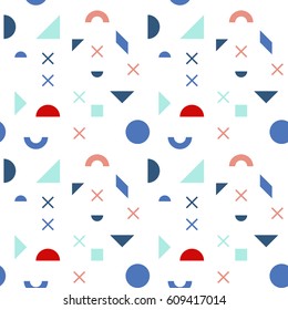 Geometric, modern vector seamless pattern. Simple shapes - circles, squares, triangles, crosses and semi circles in blue,aqua, red, and pink on white background.
