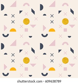 Geometric, modern vector seamless pattern. Simple shapes - circles, squares, triangles, crosses and semi circles in dark blue, yellow, gold and pink on beige background.
