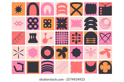 Geometric modular shapes set. Square blocks abstract brutalist elements pack. Mosaic pattern design. Neo geo vector flat collection illustration isolated on white background.
