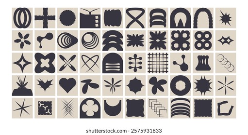 Geometric modular shapes set. Square blocks abstract brutalist elements pack. Mosaic pattern design. Neo geo vector flat collection illustration isolated on white background.