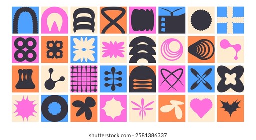 Geometric modular shapes set. Square blocks abstract brutalist elements pack. Mosaic pattern design. Neo geo vector flat collection illustration isolated on white background.