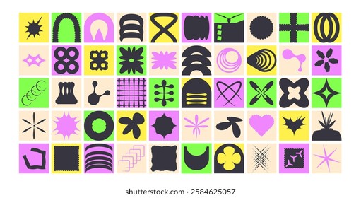 Geometric modular shapes set. Square blocks abstract brutalist elements pack. Mosaic pattern design. Neo geo vector flat collection illustration isolated on white background.