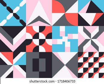 Geometric Modular Vector Pattern Seamless Bauhaus Design in Pink, Coral and Blue