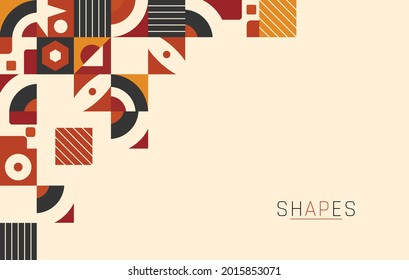Geometric moistic background with colorful abstract shapes, squares, circles, ovals, stripes, stars and triangles