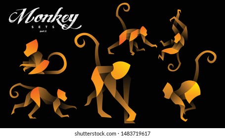 geometric monkey design vector set , combined brown and little bit orange  color in black background. change able color and work well in both dark and light background