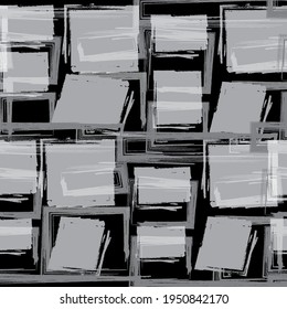 
geometric monochromatic hand drawn vector seamless pattern with squares and lines on the black