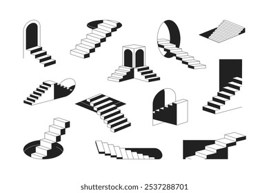 Geometric Monochrome Abstract Surreal Stairs with and Outline Elements Set Concept Flat Design Style. Vector illustration of Ladder and Door Portal