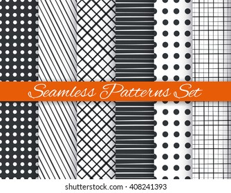 Geometric monochrome black and white simple seamless patterns set. Vector illustration