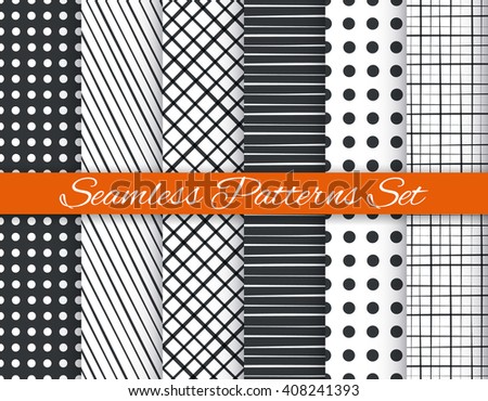 Geometric monochrome black and white simple seamless patterns set. Vector illustration