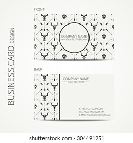 Geometric monochrome business card template with with ethnic arrows, skull for your design. Tribal native business card. Trendy calling card. Vector design.