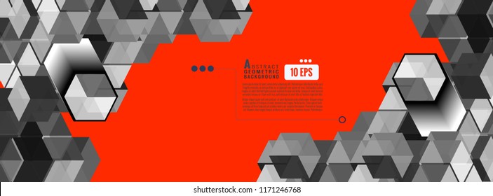 Geometric monochrome gray cubes block element graphic template on red blank space background for your information text
