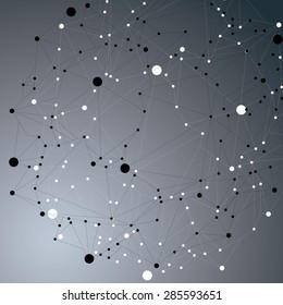Geometric monochrome polygonal structure with lines mesh, modern lace science and technology element over dark backdrop.