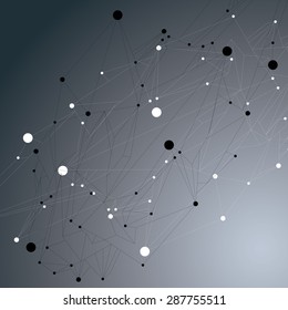 Geometric monochrome polygonal structure with lines mesh, modern lace science and technology element over dark backdrop.