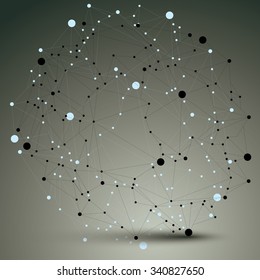 Estructura poligonal geométrica monocromática con malla de líneas, ciencia moderna y elemento vector de tecnología.