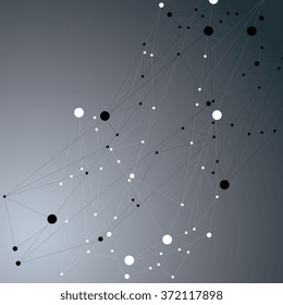 Geometric monochrome polygonal structure with lines mesh, modern lace science and technology element over dark backdrop.