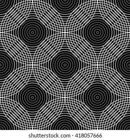 Geometric monochrome round striped seamless pattern in vector. Abstract graphic black and white hypnotic concentric circles background. White seamless linear pattern of circles on a black background