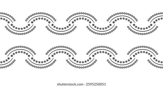 Geometric monochrome seamless border. Wave lacy decor of semicircles and dots. Black geometric shapes on a white background. Concentric arcs made from small circles.