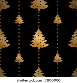 Geometric monochrome seamless Christmas pattern for winter holidays design with golden pine trees and snowflakes. Modern Christmas pattern.