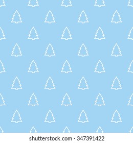 Geometric monochrome seamless pattern with white Christmas tree for blue winter holidays design. 