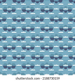 Geometric monochrome seamless vector pattern with blue ribbon bows on blue background. Cute illustration for prints, wrapping paper, nursery wallpaper, home decor and fashion fabrics. 