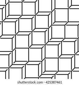 Geometric monochrome seamless vector pattern. Endless black and white isometric texture. Abstract wallpaper with chaotic grid of cubes on white background