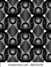 Geometric monochrome stripy overlay seamless pattern, black and white vector abstract background. Graphic symmetric backdrop with overlapping geometric shapes.