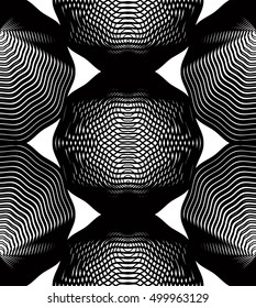 Geometric monochrome stripy overlay seamless pattern, black and white vector abstract background. Graphic symmetric kaleidoscope backdrop.