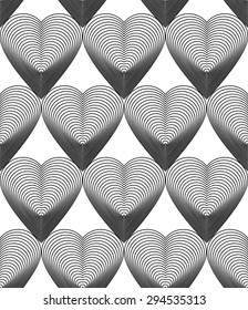 Geometric monochrome stripy seamless pattern, black and white vector abstract background. Graphic symmetric backdrop. Beautiful romantic Valentine hearts.