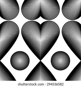Geometric monochrome stripy seamless pattern, black and white vector abstract background. Graphic symmetric backdrop decorated with love hearts.