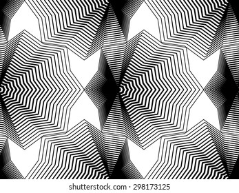 Geometric monochrome stripy seamless pattern, black and white vector abstract background. Graphic symmetric backdrop.